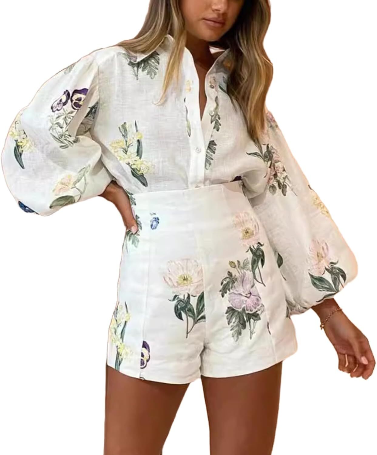 women's 2piece hawaiian long sleeved button up shirt and shorts sportswear casual set