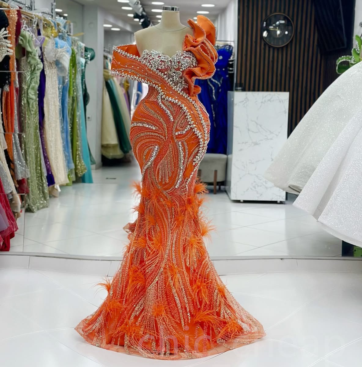 Aso Ebi 2024 Orange Mermaid Prom Dresses Rhinestones Feather Sequined Lace Evening Formal Party Second Reception Birthday Gowns Dress For Special Occa