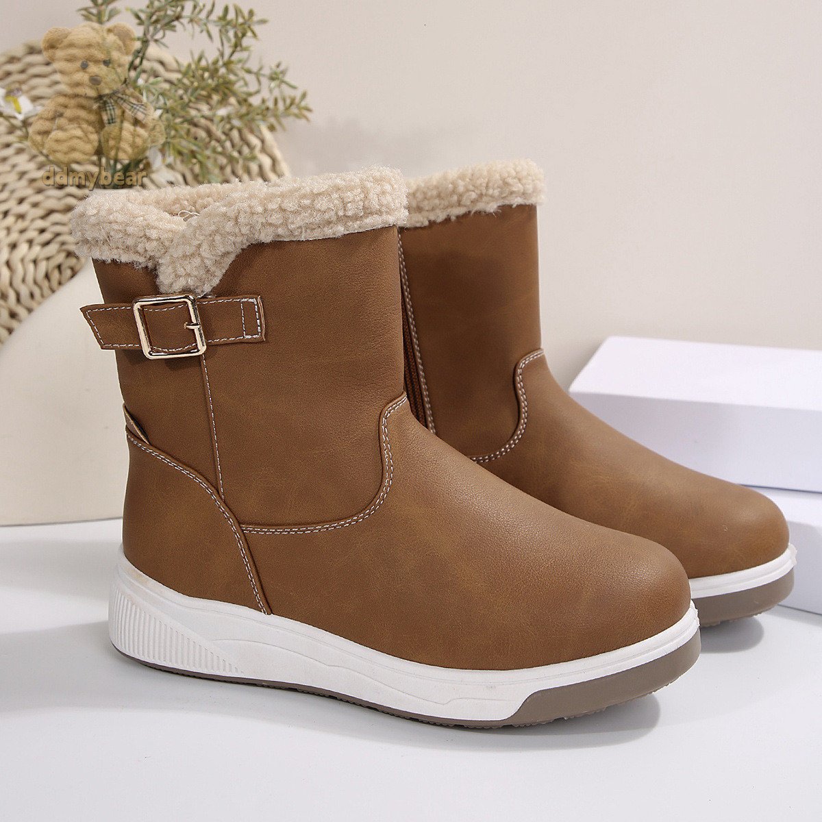 Ddmybear Snow For Women In Autumn Winter, Large Size With Fleece And Warm Cotton Shoes, Thick Soled Hairy Short Boots Chinese Brand Shoes F1008-45