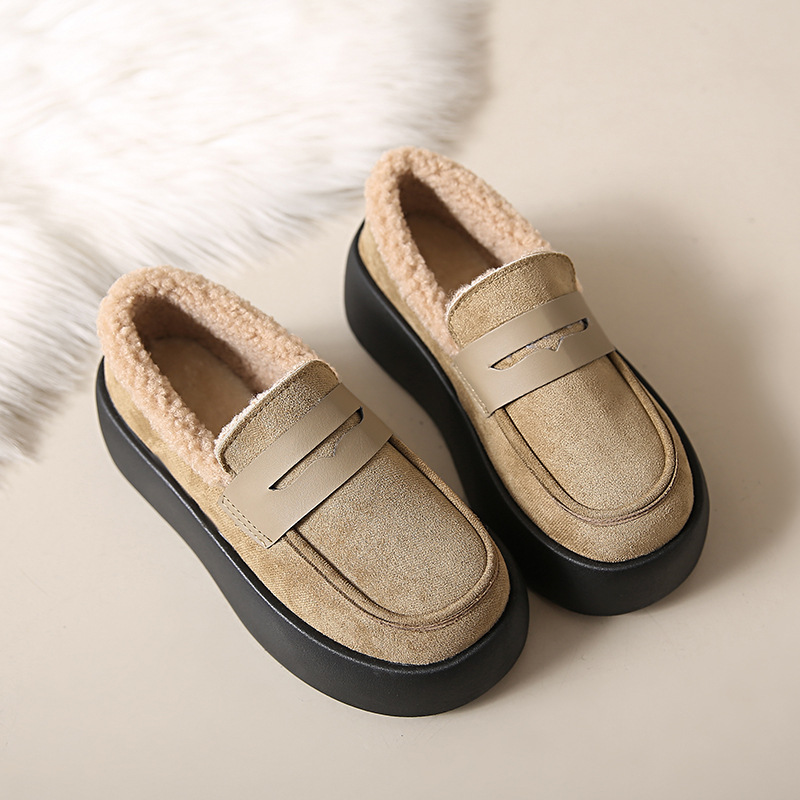 Casual Women's 2024 Thick Sole Fleece Loafers - Khaki Coffee Black ccc2