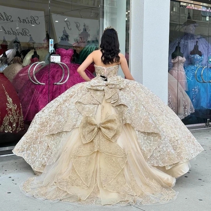 Luxury Champagne Shiny Princess Quinceanera Dresses Sequin Appliques Lace Beads Crystal Bow Party Birthday Tulle Sweet 16 Dress Vestido De 15 Anos
