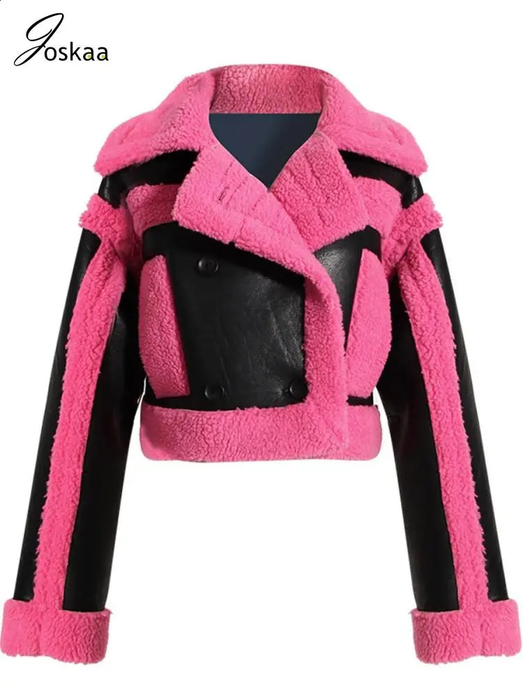 Joskaa Fashion Color Block Faux Leather Jacket Womens Flip Collar Long Sleeve Button Thick Warm Coat Winter Coat 240930