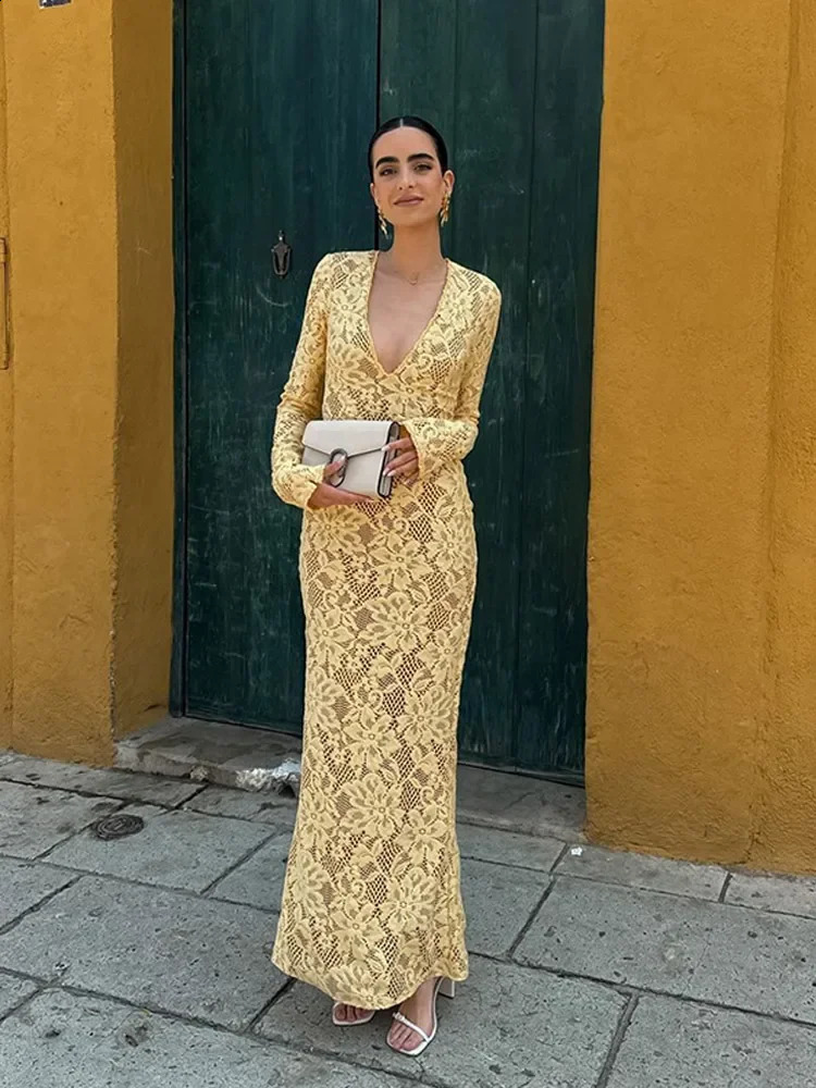 Sexy yellow deep V-neck long skirt womens fashionable long sleeved tight mermaid dress autumn womens party club evening dress 240929