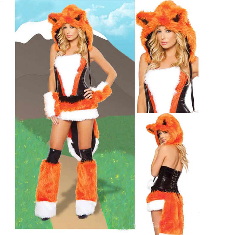 Sexy Plush Clothing Set Womens Big Tail Wolf Leopard Role Playing Winter Hat Tube Top Leg Warm Party Dress 240930