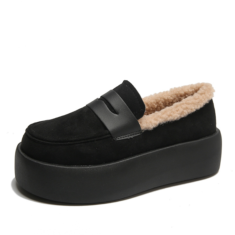 Casual Women's 2024 Thick Sole Fleece Loafers - Khaki Coffee Black ccc2