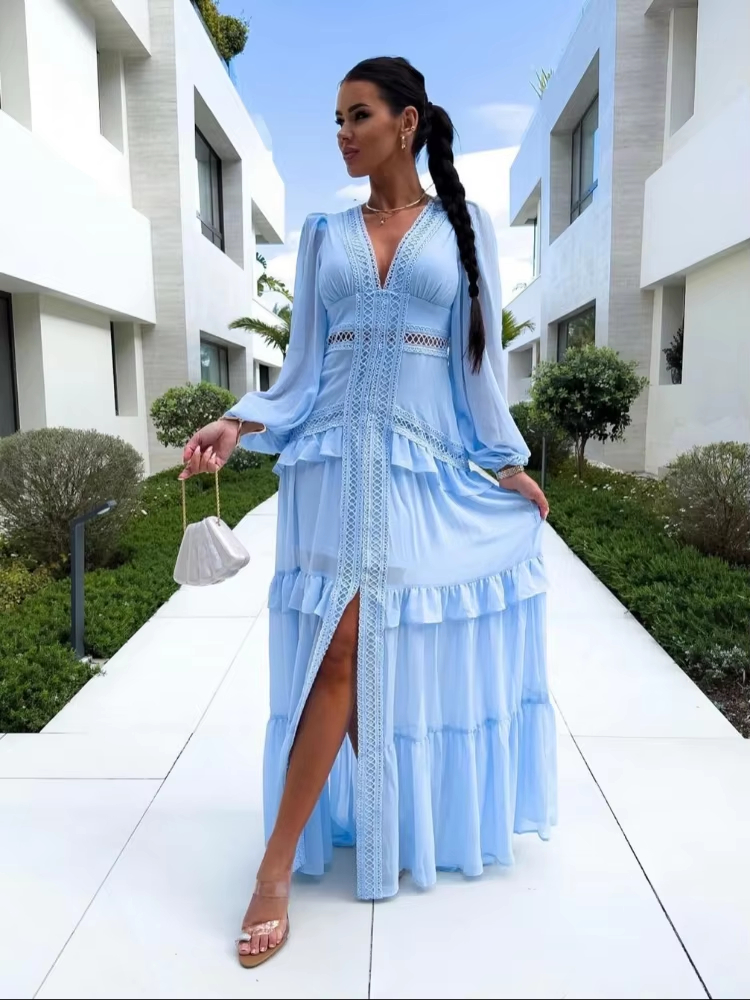 Women Dresses A Line Runway Summer Holiday Women Solid Ruffle Patchwork Maxi Sexy Deep V-neck Lantern Long Sleeve Hollow Out High Waist Dresses Lady Split Robes 2025