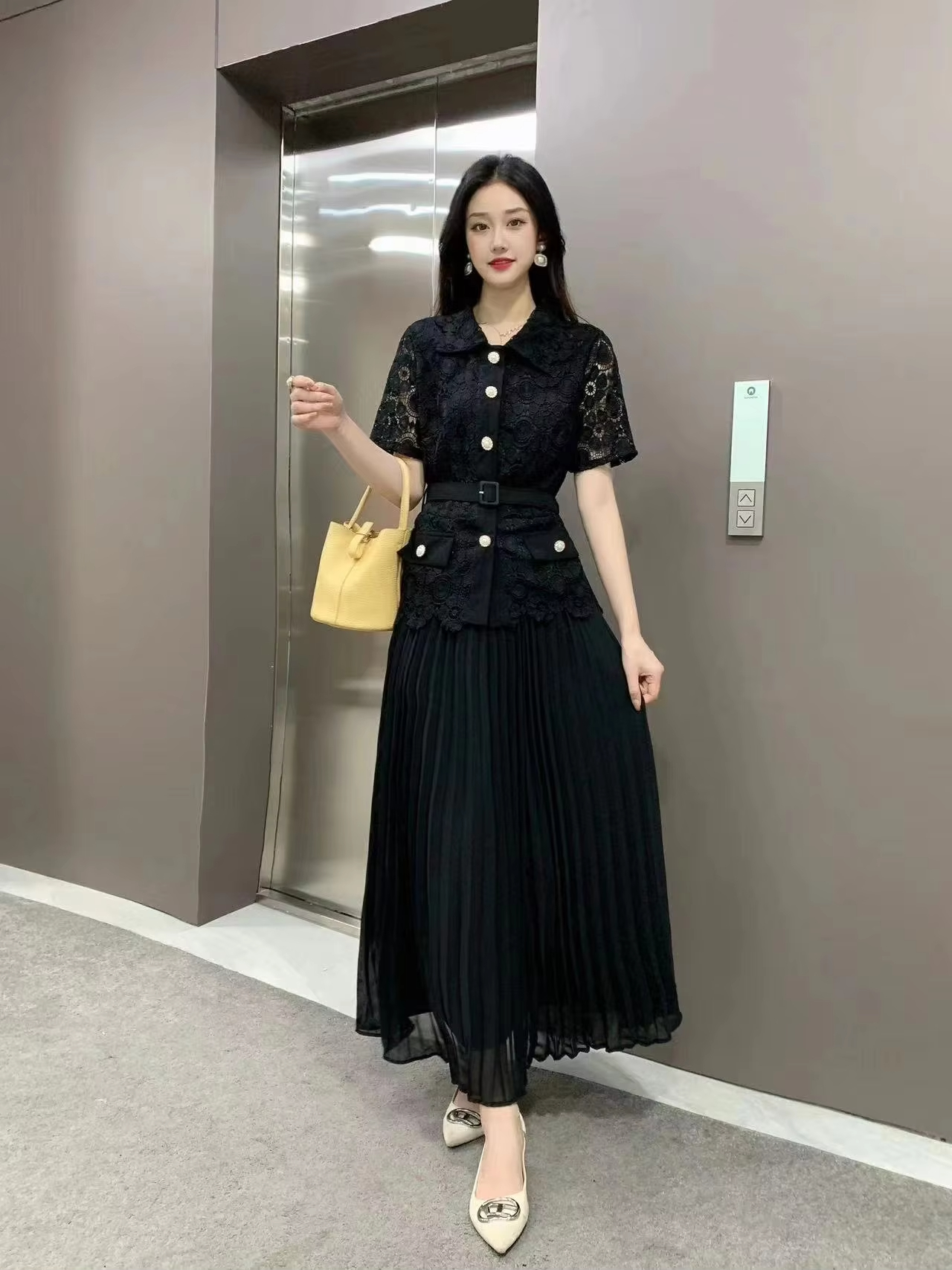 2025 Two Piece Dress New Summer Runway Rose Red Lace Two Piece Set Outfits Women Hollow Out Pocket Shirt Top+Belt Pearls Single Breasted Midi Skirt Su
