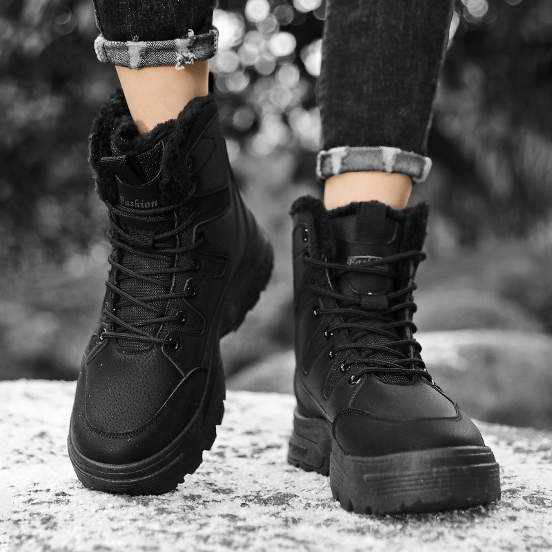 Large men's thick velvet anti slip waterproof warm high top short boots