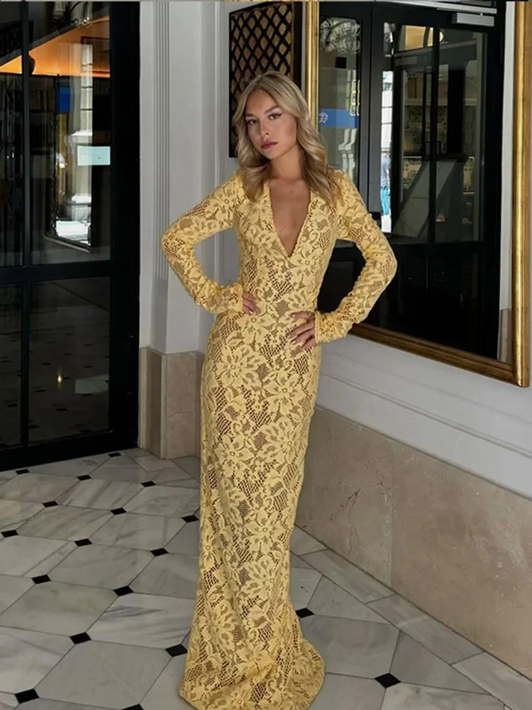 Sexy yellow deep V-neck long skirt womens fashionable long sleeved tight mermaid dress autumn womens party club evening dress 240929
