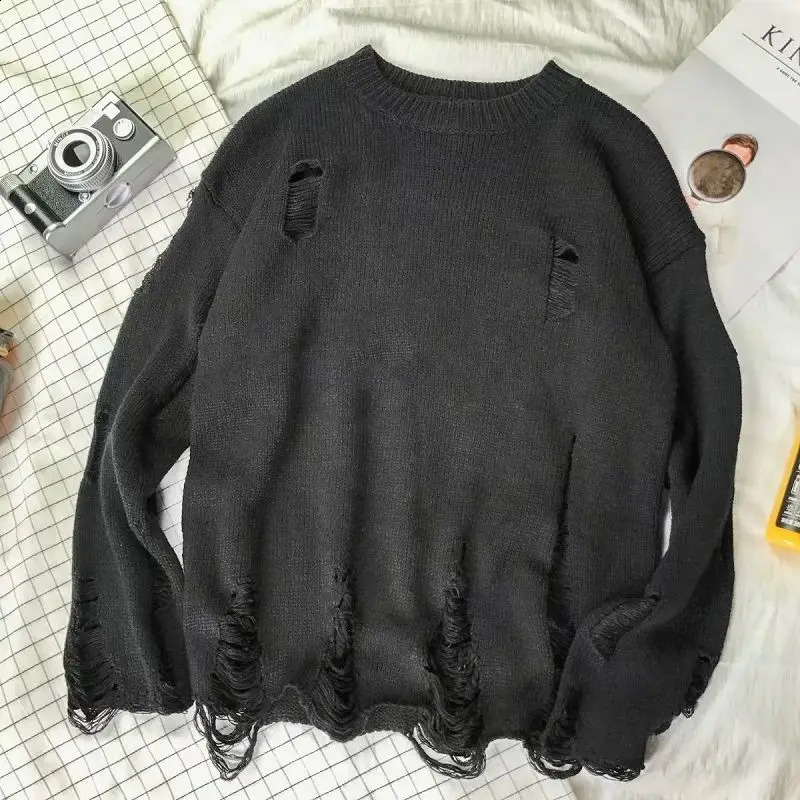 Mens Pulling Tear Crewneck Knitted Sweater Mens Plain weave with holes Solid color Round neck casual Cigar 240930