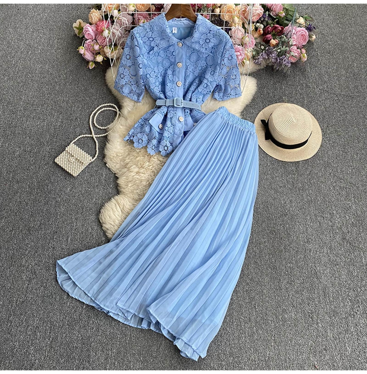 2025 Two Piece Dress New Summer Runway Rose Red Lace Two Piece Set Outfits Women Hollow Out Pocket Shirt Top+Belt Pearls Single Breasted Midi Skirt Su