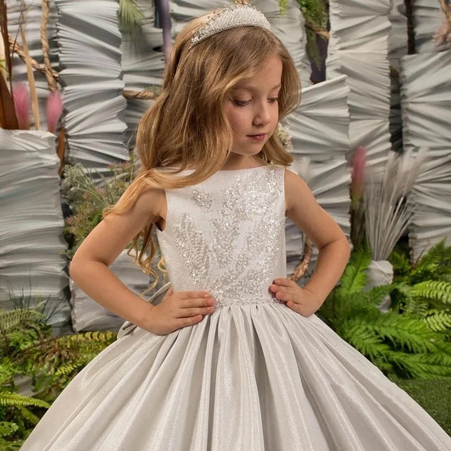 Glossy Ivory Sequined wer Girl Dresses Jewel Neck Bow Puff Princess Ball Gowns For Wedding Birthday Party Sweep Train Little Girls Toddlder Pageant Dr