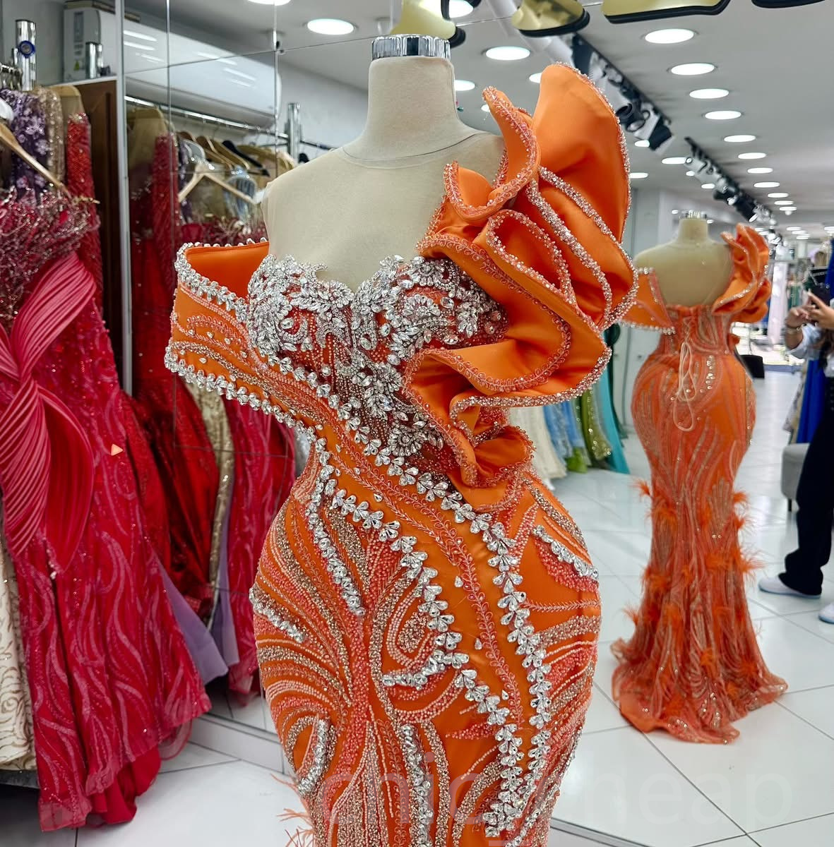 Aso Ebi 2024 Orange Mermaid Prom Dresses Rhinestones Feather Sequined Lace Evening Formal Party Second Reception Birthday Gowns Dress For Special Occa