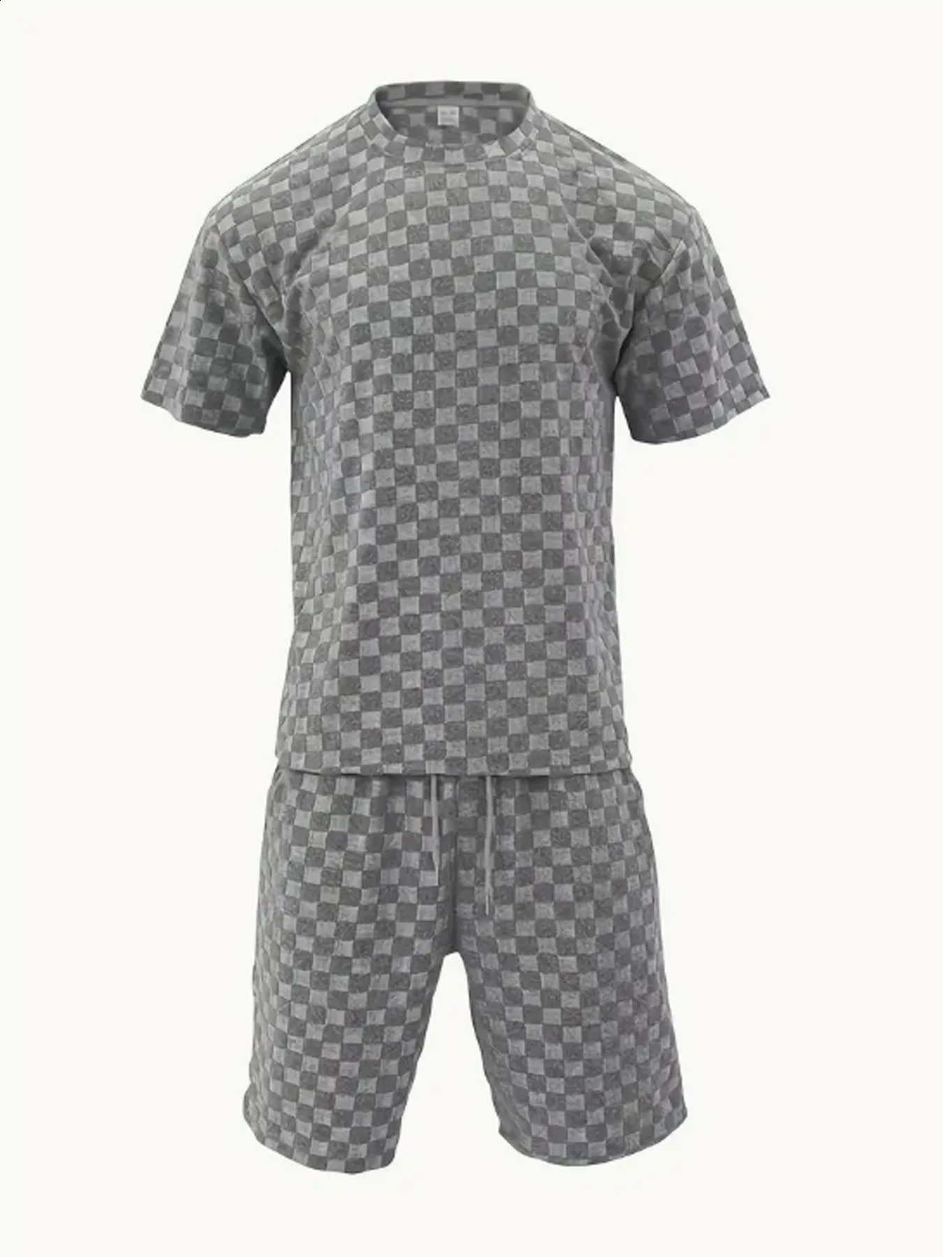 Lightweight Summer Style - Mens 2-piece textured dress set loose short sleeved T-shirt drawstring shorts and portable pockets 240929