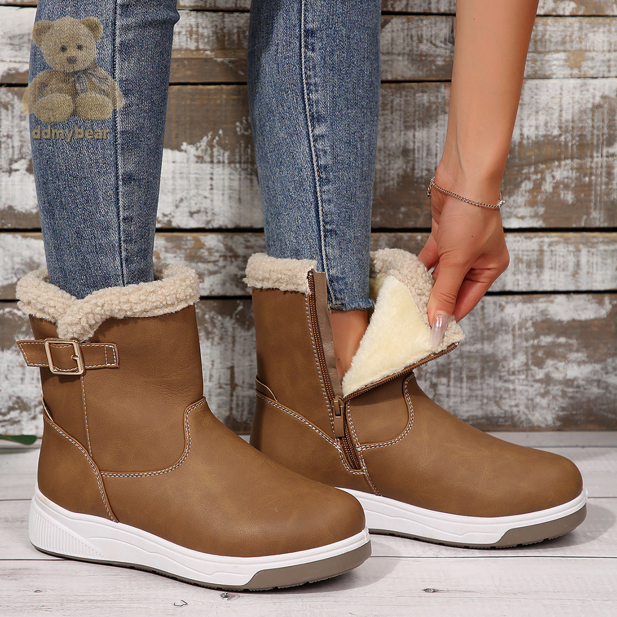Ddmybear Snow For Women In Autumn Winter, Large Size With Fleece And Warm Cotton Shoes, Thick Soled Hairy Short Boots Chinese Brand Shoes F1008-45