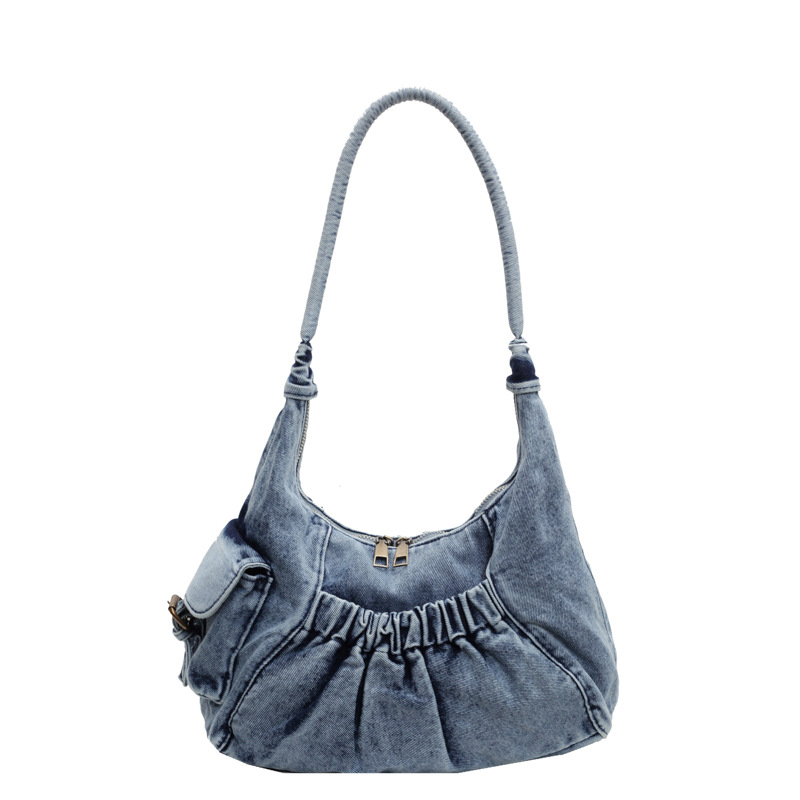 Retro vintage versatile and simple washed denim pleated underarm bag