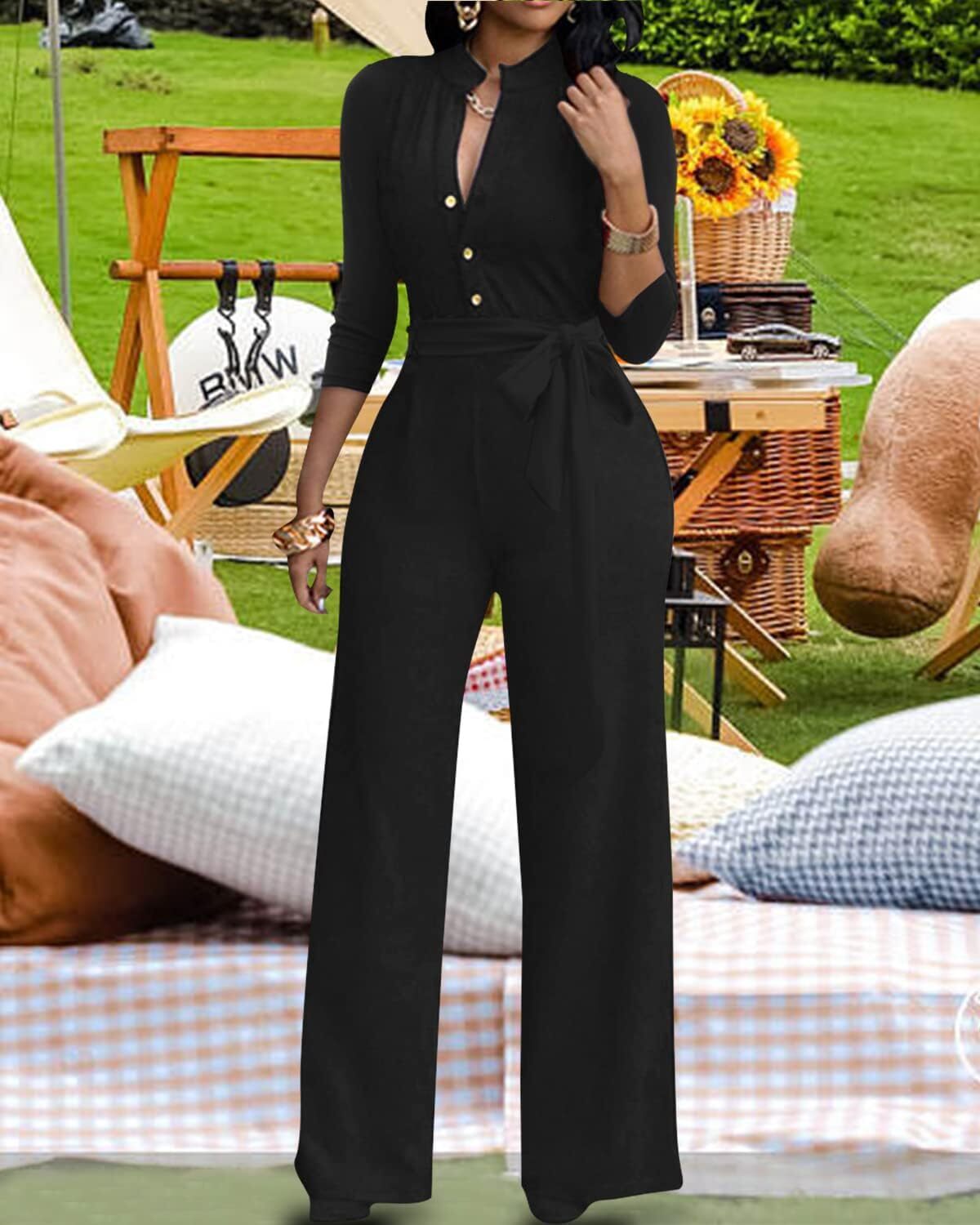 women's sexy seven quarter sleeve jumpsuit vneck high waist long wide leg pants with button up party jumpsuit belt
