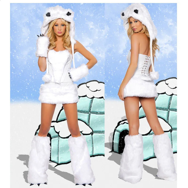 Sexy Plush Clothing Set Womens Big Tail Wolf Leopard Role Playing Winter Hat Tube Top Leg Warm Party Dress 240930