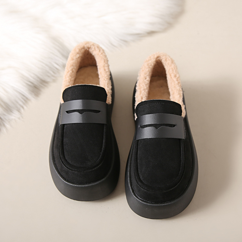 Casual Women's 2024 Thick Sole Fleece Loafers - Khaki Coffee Black ccc2