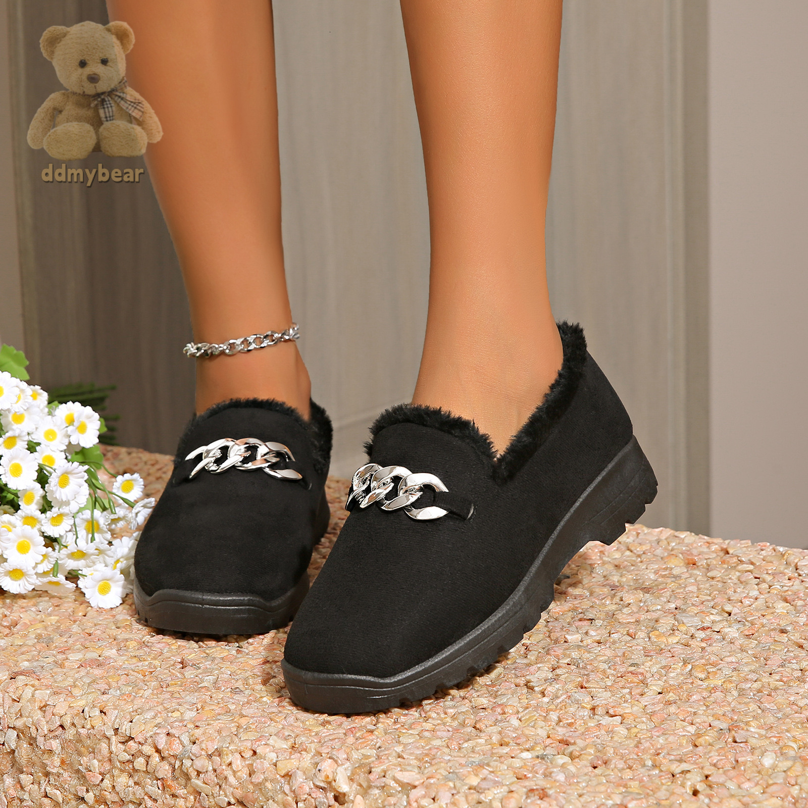 Ddmybear 2024 Autumn/Winter New Cotton Low Cut Warm Women's Snow Boots Black Brown Fashion Chain Bean Shoes Chinese Brand Shoes F1008-25