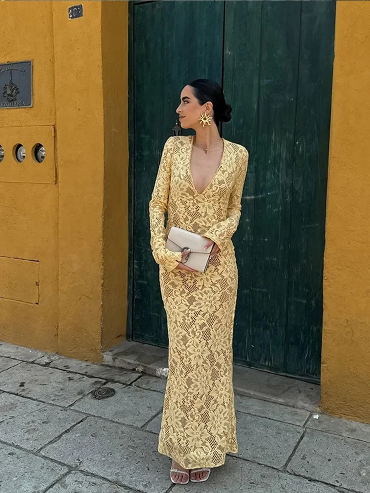 Sexy yellow deep V-neck long skirt womens fashionable long sleeved tight mermaid dress autumn womens party club evening dress 240929