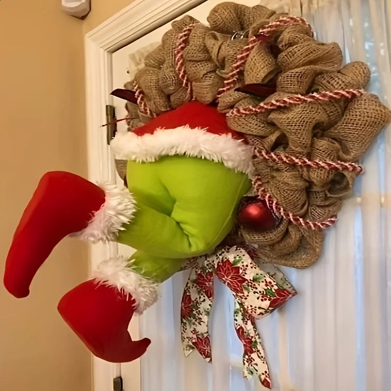 17.72inch Christmas Thief WreathChristmas Elf Leg Wreath Christmas Burlap Wreath Holiday Decoration 240925