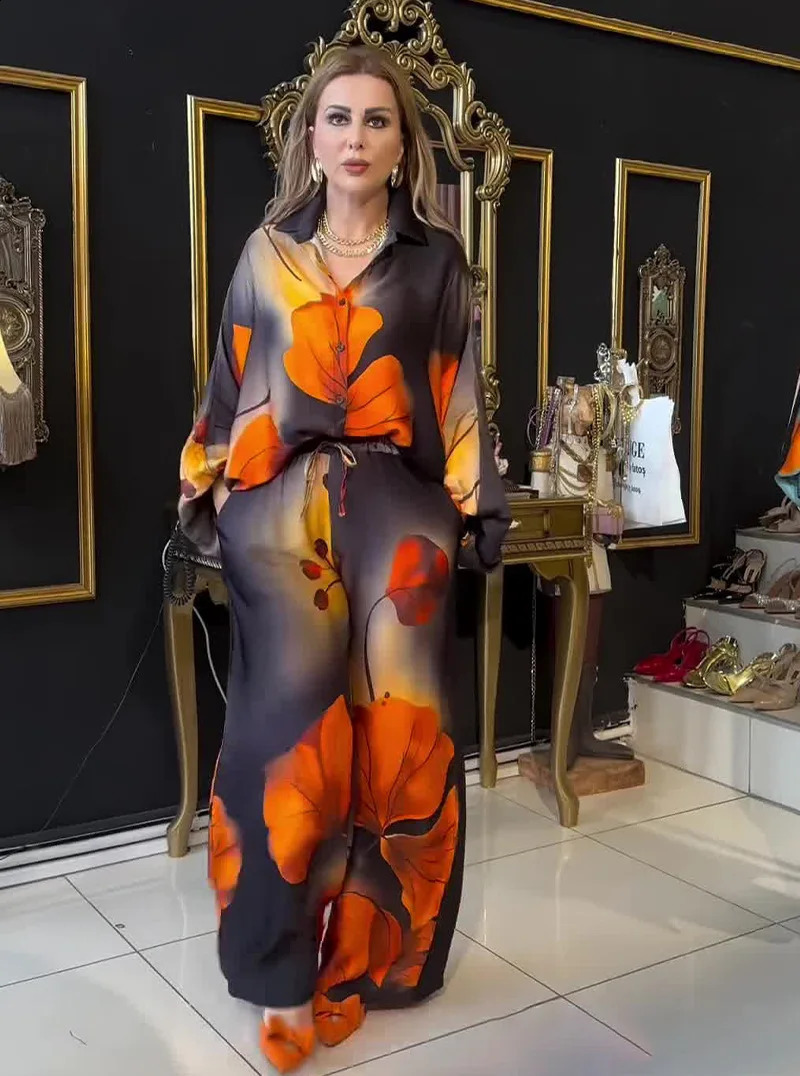 Autumn Printed Satin Top Wide Leg Pants Fashionable Warm Loose Two Piece Set Womens 240930 - view 3