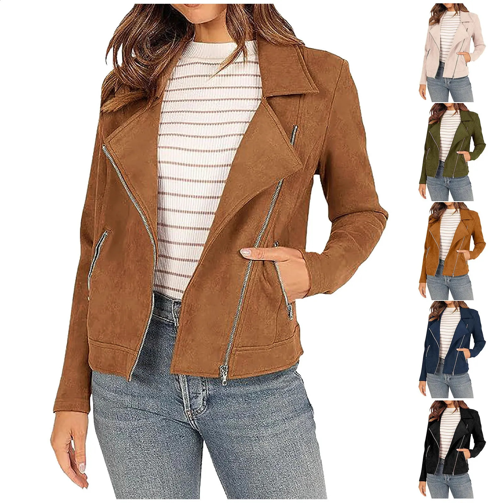 Womens Fall Faux Suede Moto Jacket Fashion Long Sleeve Zipper Short Casual Coats plus Size Fall Coats Zipper Jacket for 240930