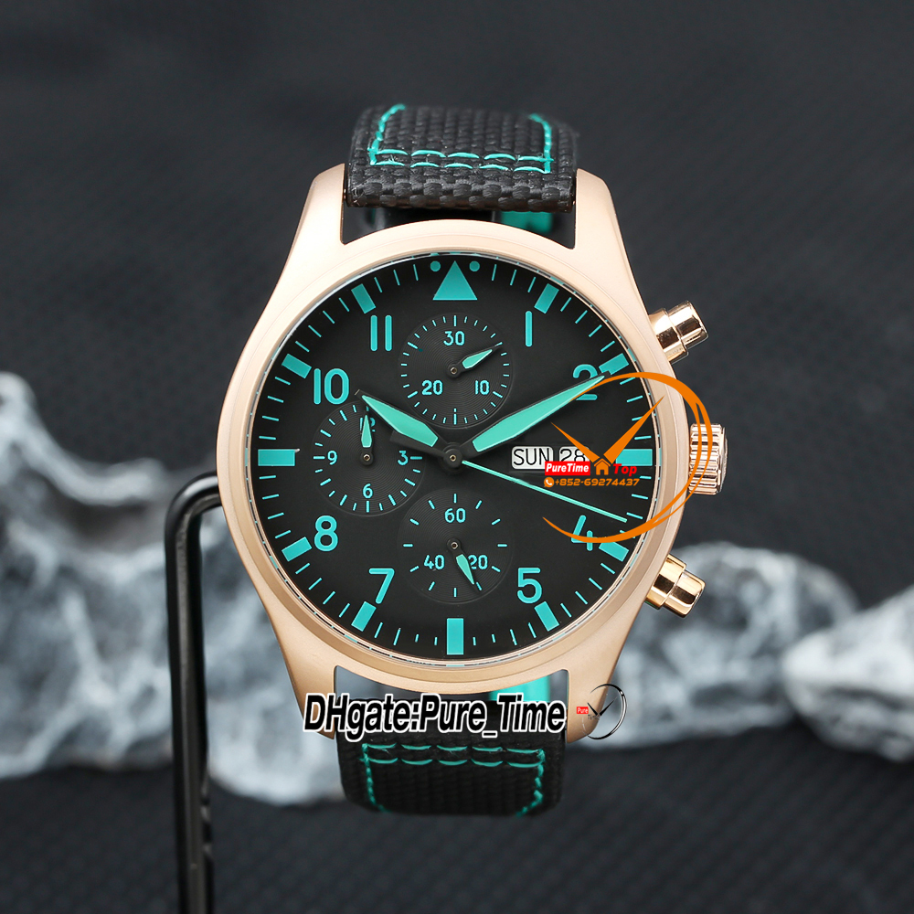 New 43mm PILOT'S MERCEDES W388108 Automatic Mens Watch Black Dial Blue Number Rose Gold Case Leather Strap No Chronograph Gents Watches Pure_Time E214B