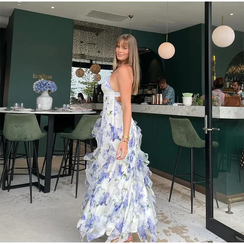 Basic Casual Dresses A Line V-Neck Sleeveless Irregular Hem Sling Dress Women Sexy Backless Hollow Out Print Ruffles Dresses Lady Elegant Party