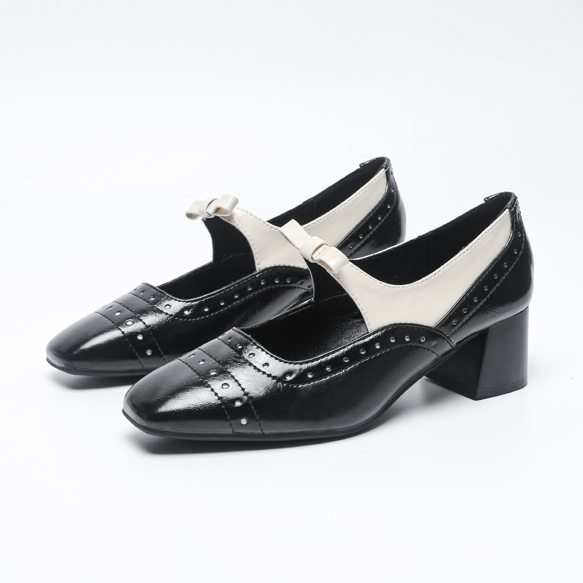 Russian shoes with square toe, high heels, color blocking, suitable for chubby wide feet, women's shoes, big size 35-43