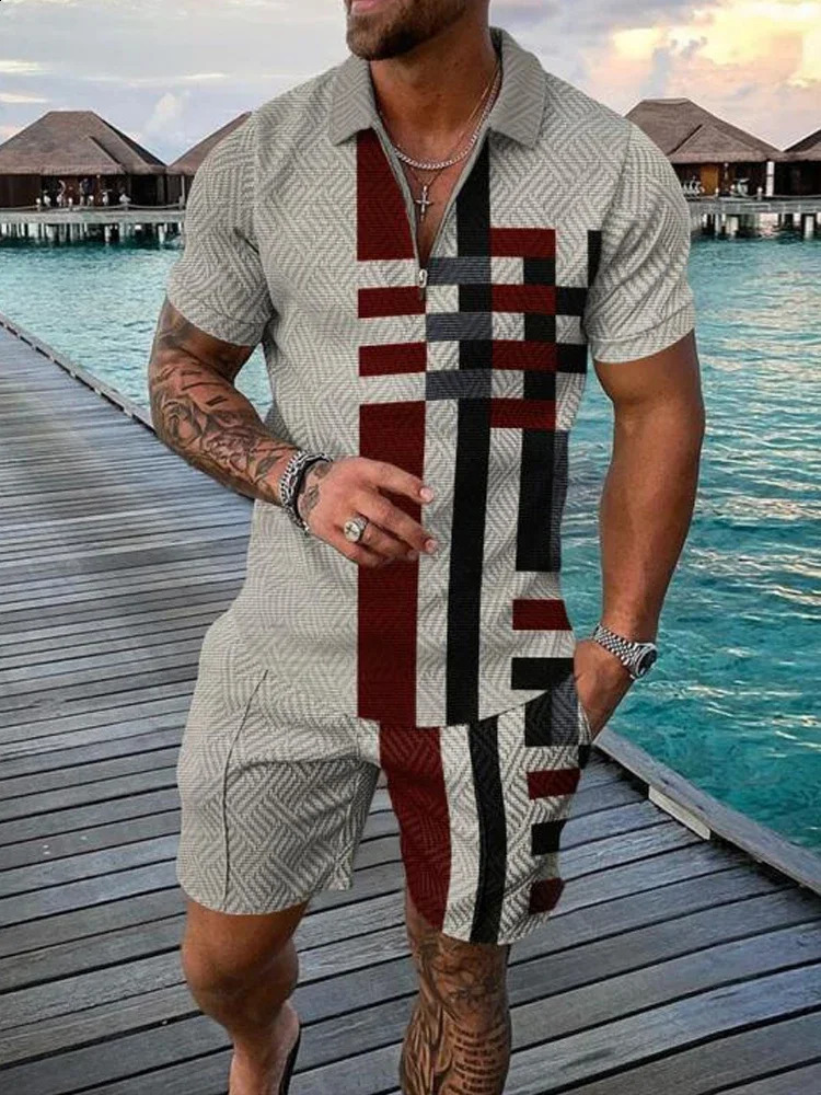 ly arrived mens tracksuit polo shirt set summer casual golf T-shirt shorts set printed fashionable mens streetwear 240930