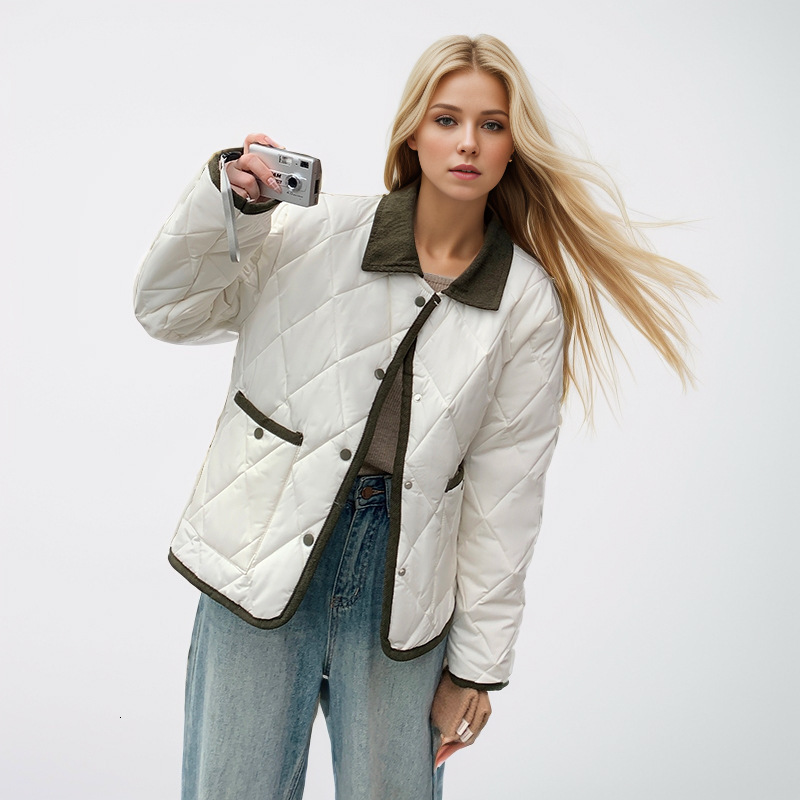 puffer jacket New Korean Style Short Cotton Jacket and Jacket with Contrasting Color Diamond Grid Design Featuring a Lapel Collar and Winter Cotton Ja