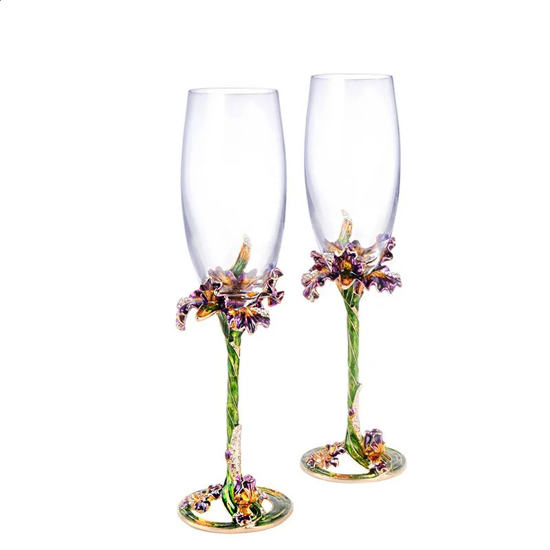 Iris 1 Pair Crystal Wine Glasses Cup Wedding Party Reception Champagne Flutes Fashion Enamel Glass Gift Package 240925