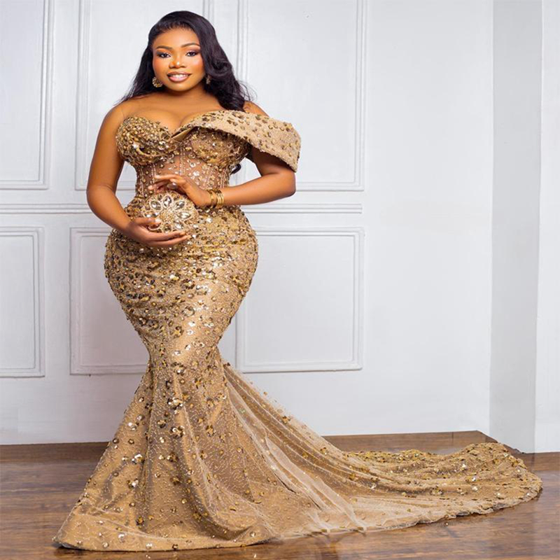 Plus Size Brown Prom Evening Formal For Women Mermaid Sheer Neck Sequined Lace Ra Birthday Dress Second Reception Gowns 0220