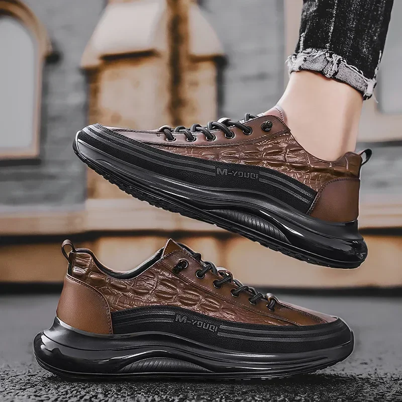 Crocodile Print Men Shoes Retro Design Leather Casual Sneakers Summer Platform Walking Shoes for Men New Slip on Tenis