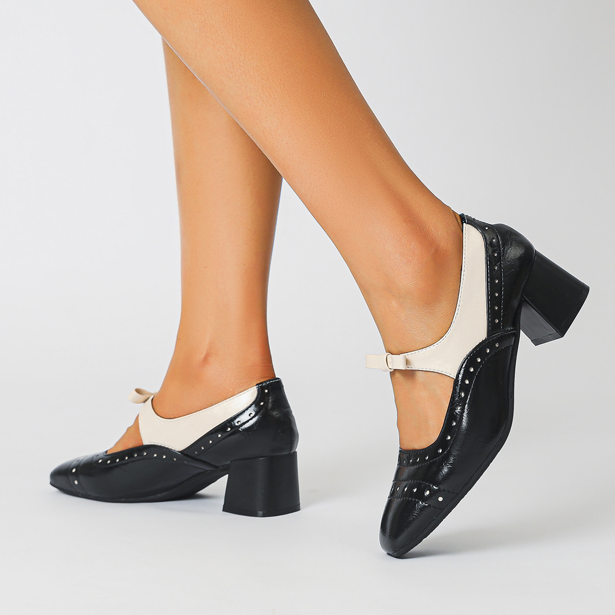 Russian shoes with square toe, high heels, color blocking, suitable for chubby wide feet, women's shoes, big size 35-43