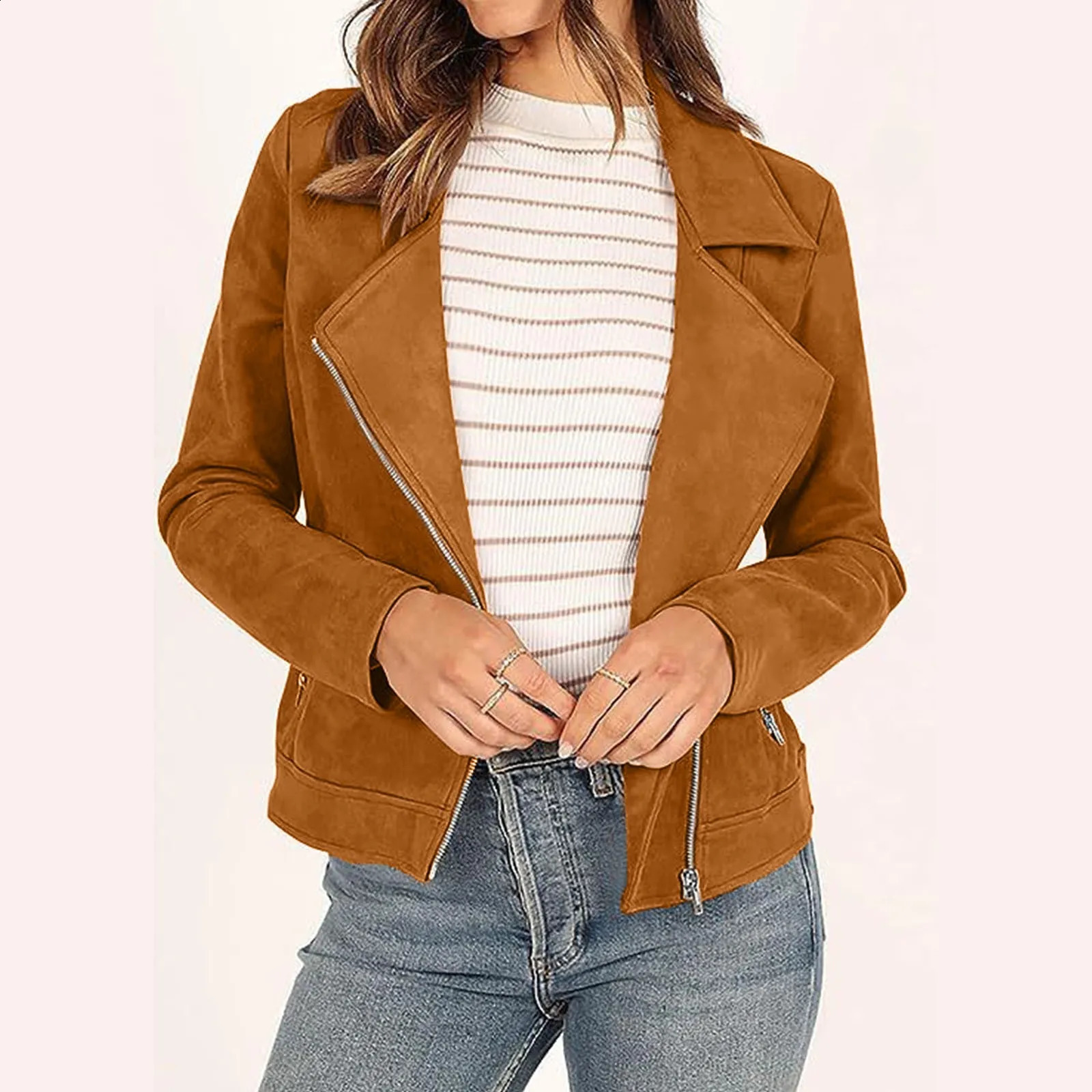 Womens Fall Faux Suede Moto Jacket Fashion Long Sleeve Zipper Short Casual Coats plus Size Fall Coats Zipper Jacket for 240930