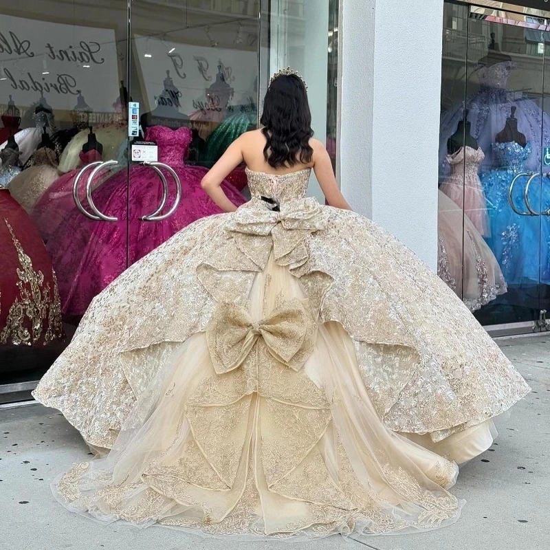 Luxury Champagne Shiny Princess Quinceanera Dresses Sequin Appliques Lace Beads Crystal Bow Party Birthday Tulle Sweet 16 Dress Vestido De 15 Anos