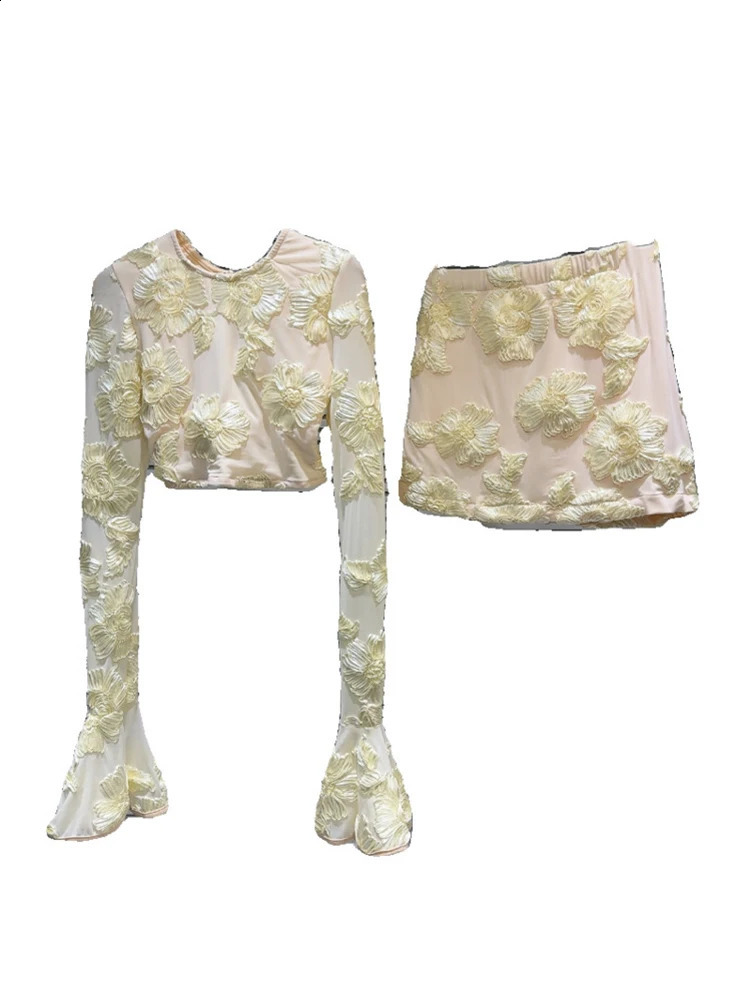 DEAT Fashion Womens Set Embroidered Flower Hollow Long Sleeve Top Elastic High Waist Skirt Set for Women Summer 11X9068 240924