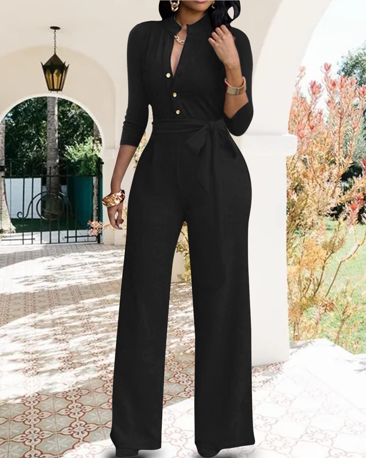 women's sexy seven quarter sleeve jumpsuit vneck high waist long wide leg pants with button up party jumpsuit belt