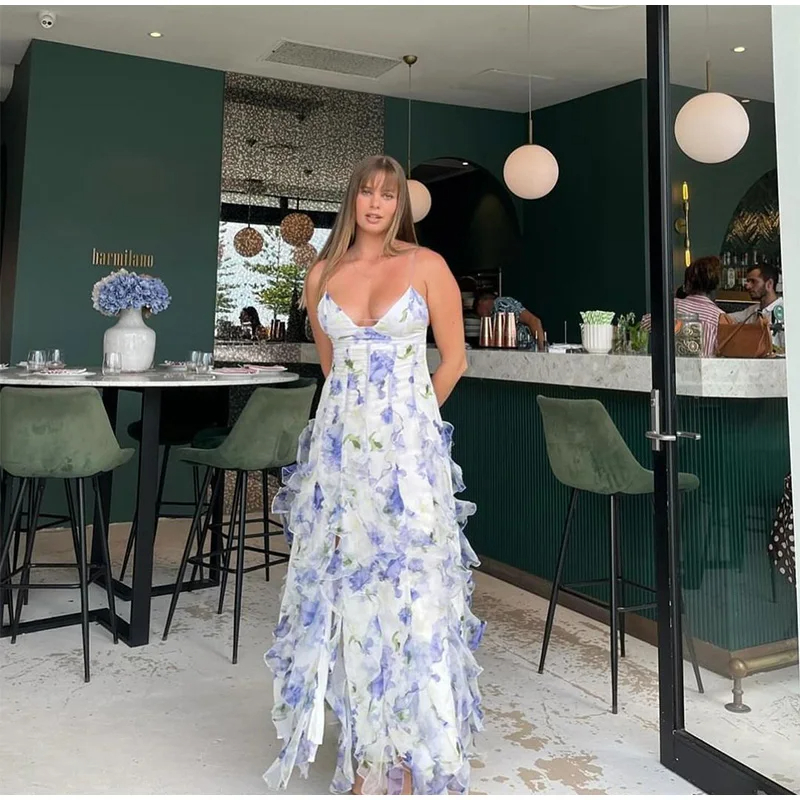 Basic Casual Dresses A Line V-Neck Sleeveless Irregular Hem Sling Dress Women Sexy Backless Hollow Out Print Ruffles Dresses Lady Elegant Party