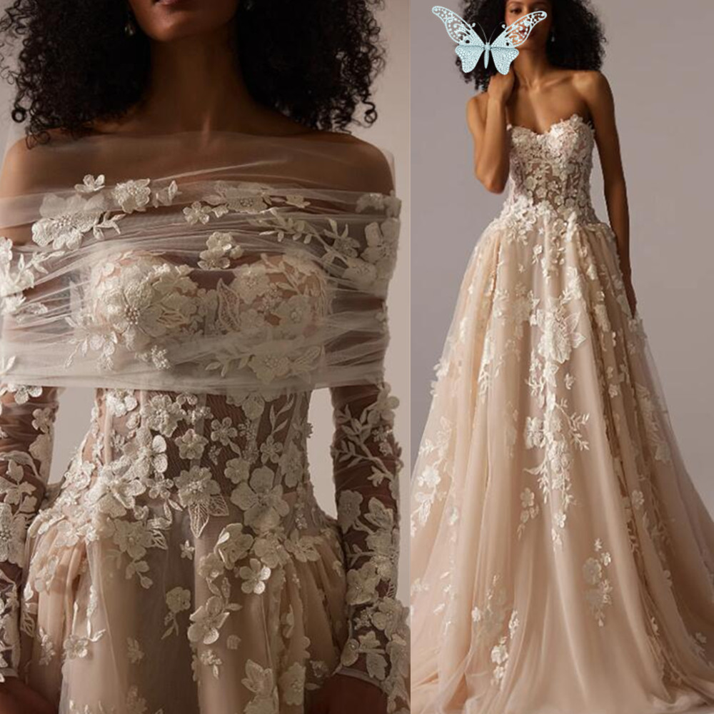 Boho Glitter Long Sleeves Floral Weeding Dress Deep Scoop Side Split A-Line Lace Appliques Bridal Gownss Bridal Gownss 01