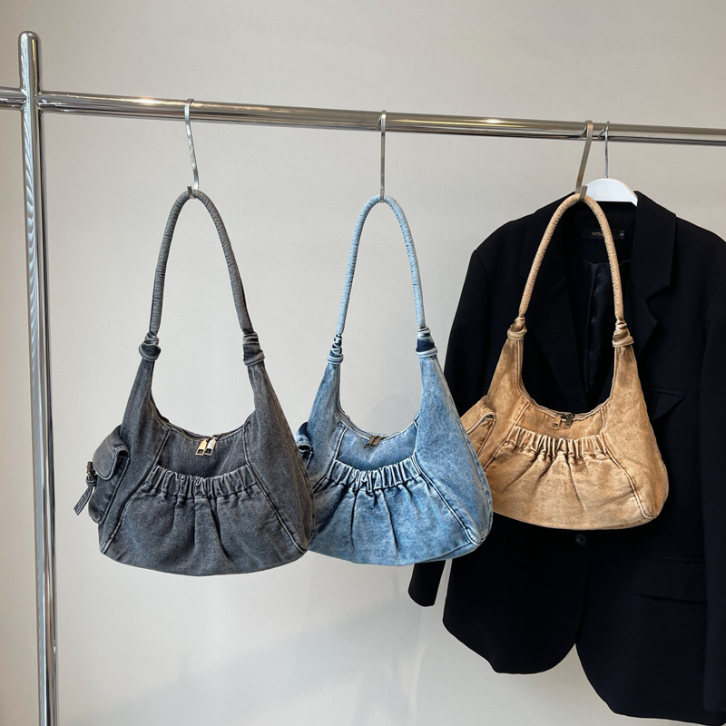 Retro vintage versatile and simple washed denim pleated underarm bag