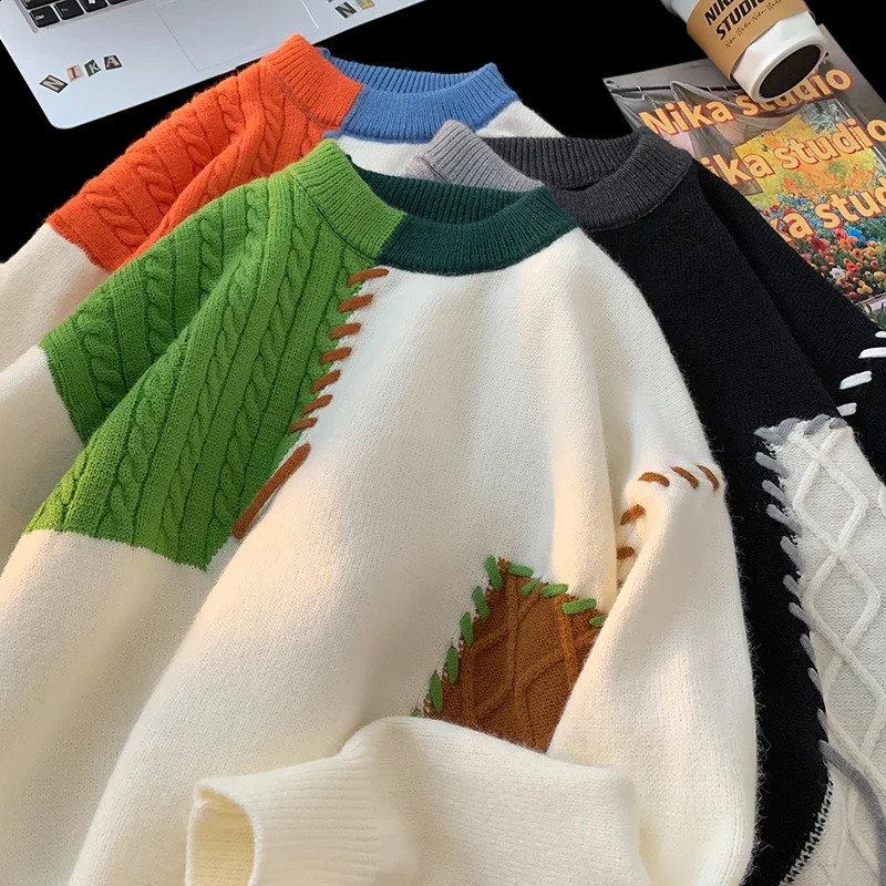 2024 Autumn Winter Warm Sweaters Patchwork Pullovers Korean Style Round Neck Knitted Sweater Men Women Fashion Knitwear 240926
