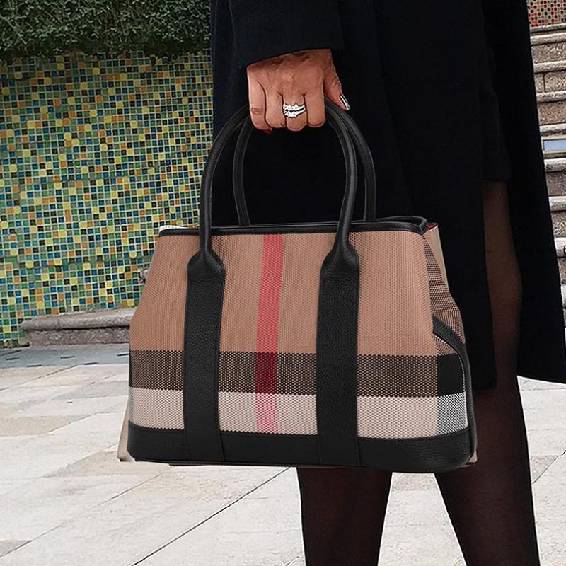 2024 Black Designer Handbag Checkered Printed Wide Strap Canvas Pu Leather Shoulder Women's Wallet Crossbody Bag