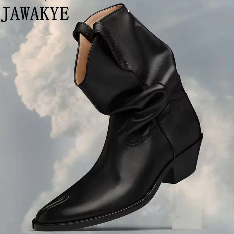 Unisex Western Couple Men & Women's Short Pleated Leather Split Toe Tabi Shoes Cowboy Boots