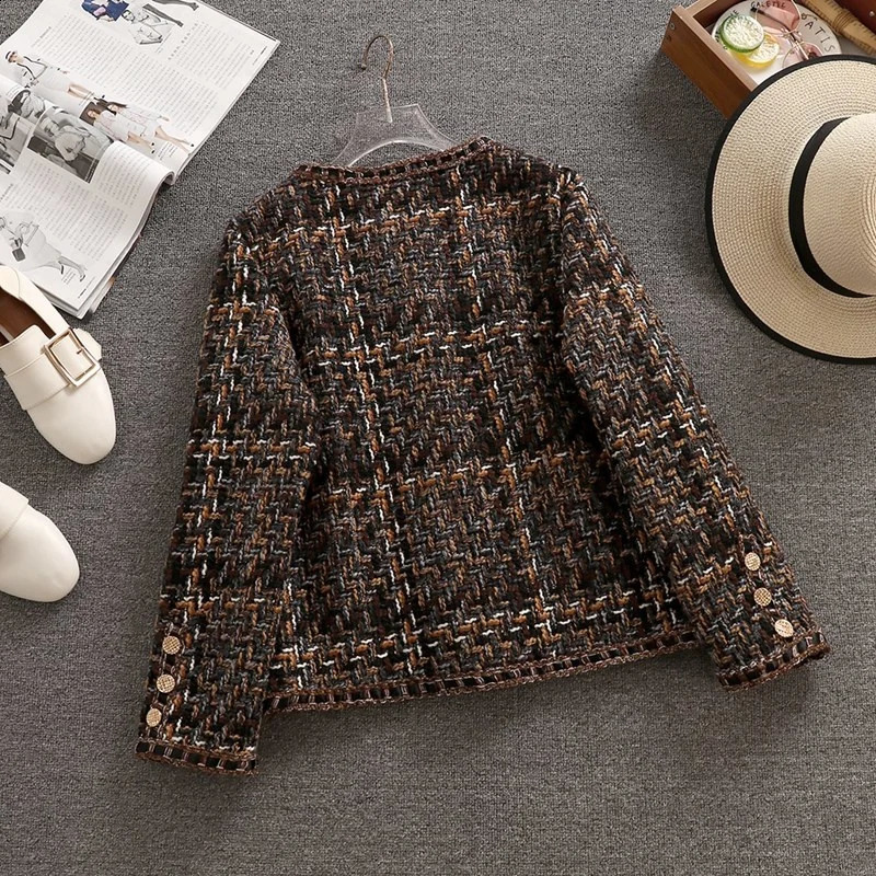 Woolen Jacket Womens Short Autumn Winter Korean Temperament Slim Ladies Tweed Jacket Single-breasted Plaid High-quality Coat 240929