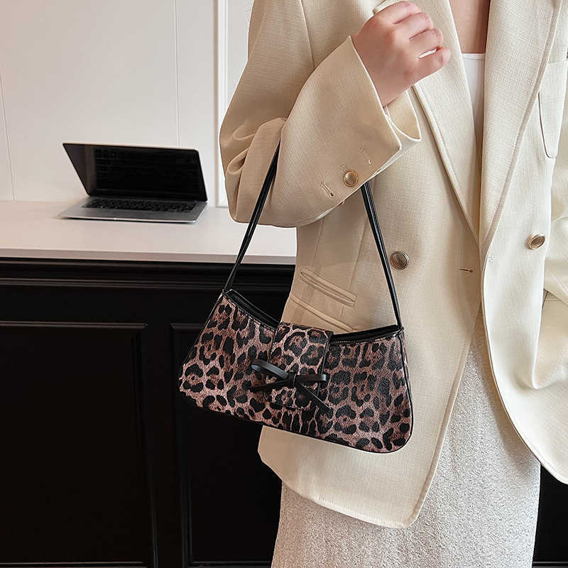CMM Korean Version of French Stick Armpit Bag Womens Bow New Single Shoulder Small Square Bag Womens Trendy and Personalized Pu Leather Leopard Print 