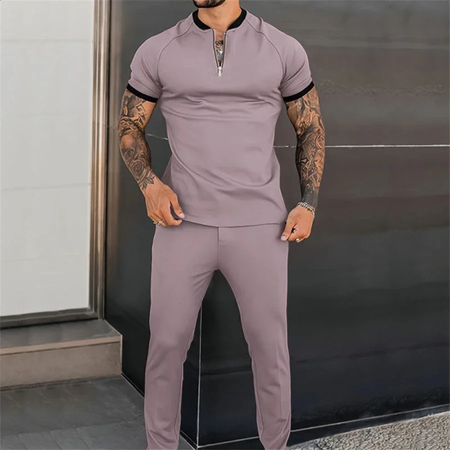 Mens Short sleeved Zipper Polo Shirt Street T-shirt Two piece Casual Sportswear Ropa Hombre 240930